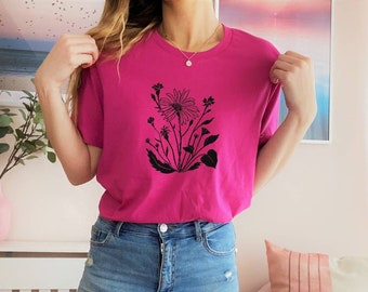 Raspberry pink t-shirt, hand printed unisex pink crewneck tee, minimalist design, unique block print shirt, soft tee, ethical  fashion