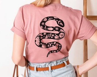 T-shirt met bloemenslang: handgedrukt botanisch ontwerp met linosnede