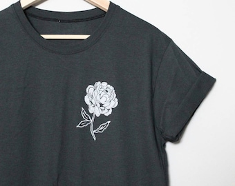 Peony t-shirt, UNISEX floral print tshirt, hand printed vintage white flower, botanical charcoal tee, hand stamped block print, lino design
