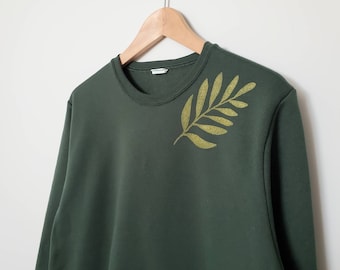 Plant print forest green sweatshirt, gold leaf design, hand printed crewneck, unique fall sweater, soft fleece jumper, ethical fashion