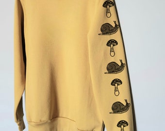 Snail mushroom sweatshirt with sleeve print, hand printed unisex crewneck, forest design, block print cottagecore jumper, ethical fashion