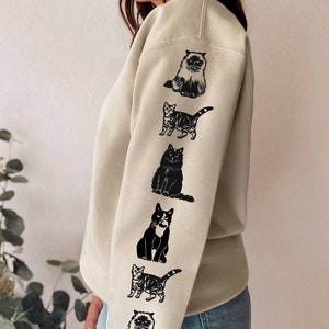 Cat sleeve print sweatshirt, hand printed unisex crewneck, cat print design, cat lover gift, block print soft cute jumper, ethical fashion image 1