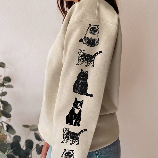 Coton ouaté motifs chats aux manches, crewneck unisexe avec imprimés chats fait à la main, chandail doux, dessin linogravure, mode éthique