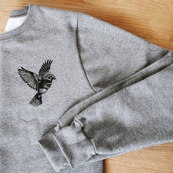 Bird sweatshirt, unisex hand printed crewneck, block printed sparrow illustration, soft fleece jumper,  clothing, ethical fashion