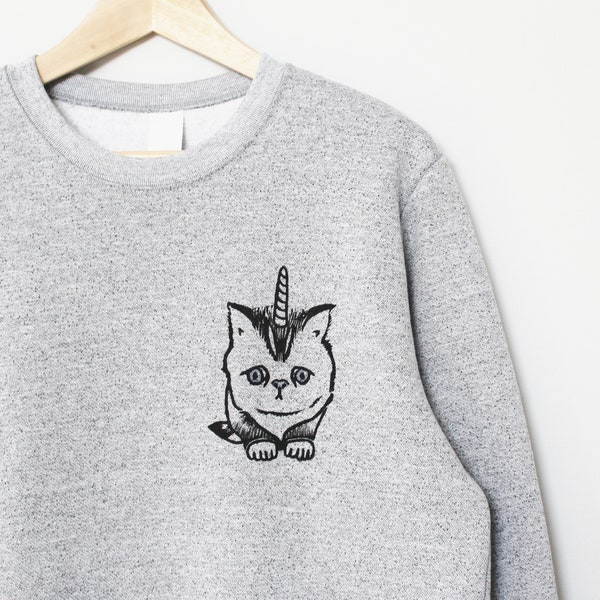 Caticorn sweatshirt, unisex cat unicorn crewneck, unicat linoprint sweater, hand printed clothing, hand stamped gray sweater, fleece jumper