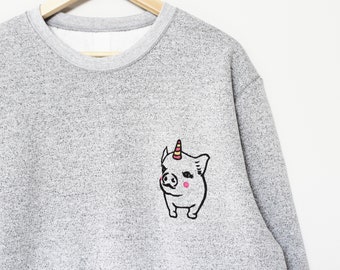 Pigicorn sweatshirt, unisex pig unicorn crewneck, unipig linoprint sweater, hand painted clothing, cute pastel gray sweater, fleece jumper