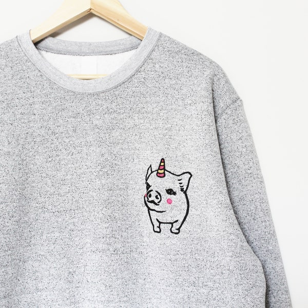 Pigicorn sweatshirt, unisex pig unicorn crewneck, unipig linoprint sweater, hand painted clothing, cute pastel gray sweater, fleece jumper