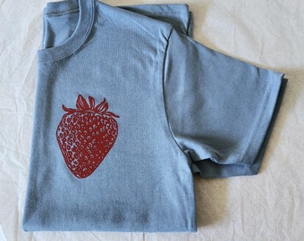 Strawberry T-shirt, Berry Hand Printed Unisex Tee, Unique