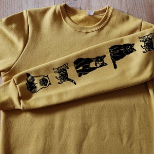 Cat sleeve print sweatshirt, hand printed unisex crewneck, cat print design, cat lover gift, block print soft cute jumper, ethical fashion image 6