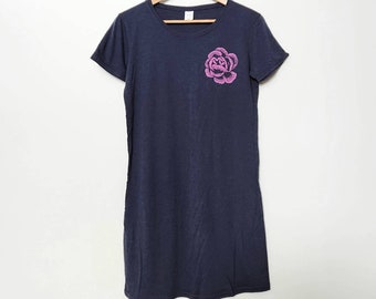 Bamboo floral t-shirt dress, hand printed summer dress with pink flower, short sleeve organic casual dress, midnight blue, ethical clothing