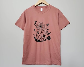 Dusty rose t-shirt, hand printed unisex crewneck, minimalist design, unique block print tshirt, soft pink tee, ethical  fashion