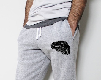 T-rex sweatpants, dinosaur joggers, unisex hand printed jogging pants, grey dino lounge pants, block print, ethical clothing, gift for him