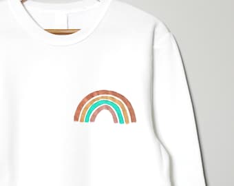 Rainbow sweatshirt, unisex hand painted crewneck, colorful rainbow, minimalist design, white fleece jumper, ooak sweater, ethical fashion