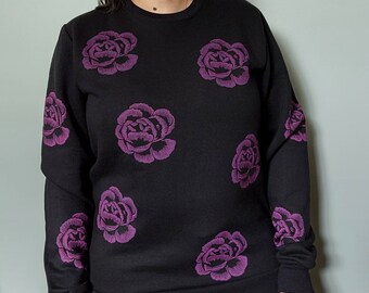 Ready-to-ship / Pink flower sweatshirt, unisex hand printed flower crewneck, all over block print floral, vintage inspired, ethical fashion