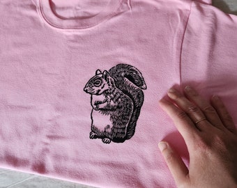 Squirrel t-shirt, UNISEX hand printed tshirt, block print tee, hand stamped cottagecore illustration, spring clothing, ethical fashion