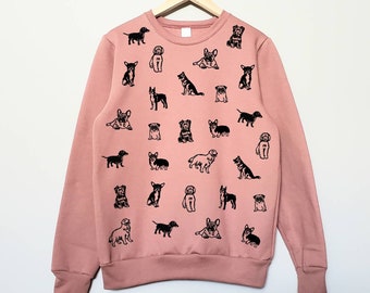 Dog Print Sweatshirt, Hand Printed Unisex Crewneck, All Over