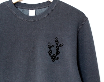 Cactus sweatshirt, bamboo unisex crewneck, succulent block print design, charcoal organic sweater, ethical fashion, plant hand print jumper