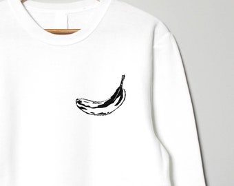 Banana sweatshirt, hand printed crewneck, unisex style pullover, minimalist fruit print, white fleece jumper, lino print, ethical fashion