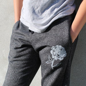 Dark grey joggers, unisex sweatpants, hand printed jogging pants, slim fit lounge pants, marled black fleece soft joggers, ethical clothing