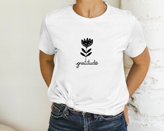 Hand Printed Gratitude Organic T-Shirt: Minimalist Calligraphy Flower Tee