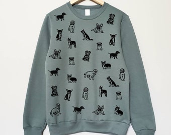 Dog print sweatshirt, hand printed unisex crewneck, all over dog print design, unique block print, soft cute jumper, ethical fashion Dog print sweatshirt, hand printed unisex crewneck, all over dog print design, unique block print, soft cute jumper, ethical fashion