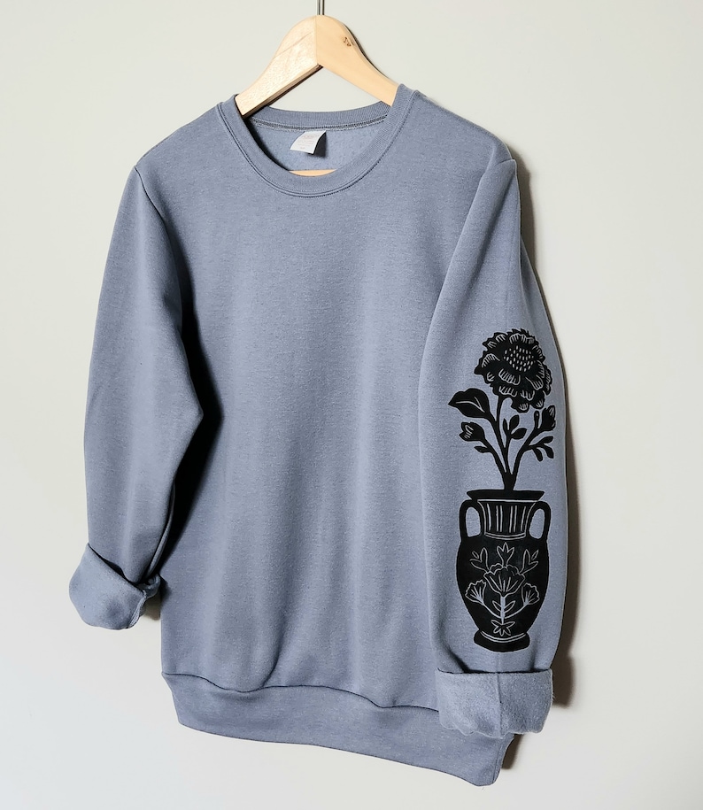 Flower vase sleeve print sweatshirt, hand printed unisex crewneck, floral print design, block print soft cute jumper, ethical fashion image 3