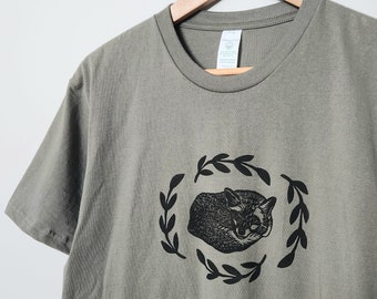 Fox with fern t-shirt, UNISEX hand printed tee, block print forest theme, hand stamped cottagecore illustration, spring ethical fashion