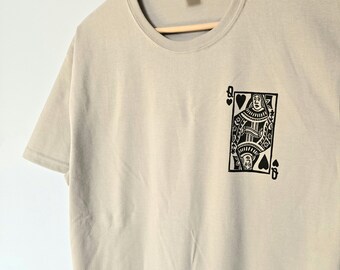 Ready to ship Hand Printed Queen of Hearts T-Shirt: Unisex Graphic Tee, Ethical Fashion