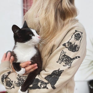 Cat sleeve print sweatshirt, hand printed unisex crewneck, cat print design, cat lover gift, block print soft cute jumper, ethical fashion image 3