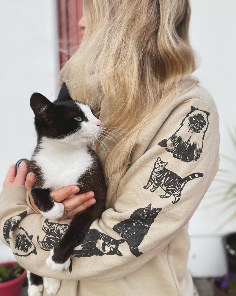 Cat sleeve print sweatshirt, hand printed unisex crewneck, cat print design, cat lover gift, block print soft cute jumper, ethical fashion image 3