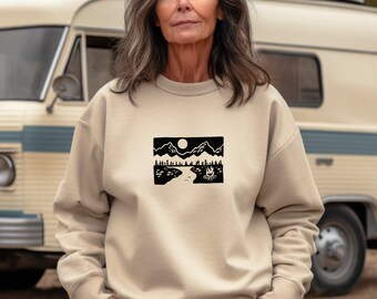 Hand Printed Campfire Sweatshirt: Unisex Mountain Nature Crewneck