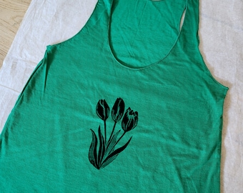 Ready to ship Green Bamboo Racerback Tank Top: Hand Printed Tulip Design