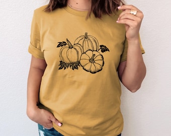 T-shirt citrouilles UNISEXE, chandail graphique citrouille, illustration linogravure fait main, chandail automne, mode éthique