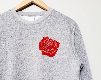 Red rose sweatshirt, unisex flower crewneck, hand printed rose, hand stamped design, ethical fashion, gray soft sweater, fleece jumper