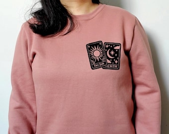 Hand Printed Tarot Card Sweatshirt: Sun & Moon Linoprint Crewneck