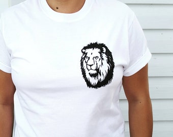 T-shirt lion unisexe, chandail lion, vêtement animal félin, haut imprimé à la main, linogravure fait main, chandail illustration gros chat