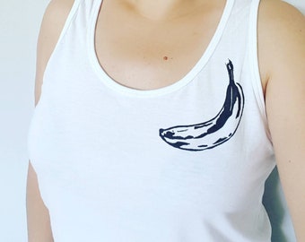 Banana tank top, UNISEX bamboo tank, hand printed minimalist design, organic cotton top, unique clothing, lino print, ethical wearable art