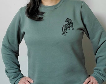 Ready to ship / Tiger sage green sweatshirt, hand printed unisex crewneck, unique block print sweater, soft jumper, ethical fall fashion