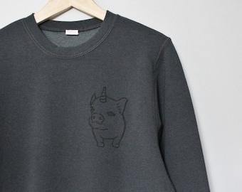 Pigicorn bamboo unisex sweatshirt, unipig block print design, charcoal organic crewneck sweater, ethical fashion, soft hand printed jumper