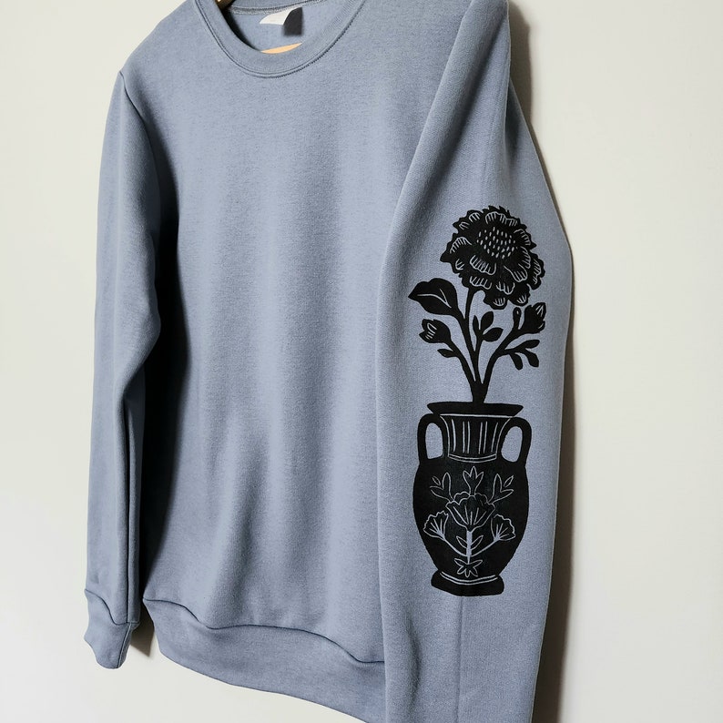 Flower vase sleeve print sweatshirt, hand printed unisex crewneck, floral print design, block print soft cute jumper, ethical fashion image 5