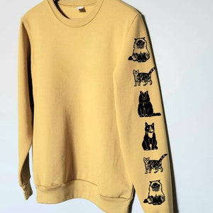 Cat sleeve print sweatshirt, hand printed unisex crewneck, cat print design, cat lover gift, block print soft cute jumper, ethical fashion image 2