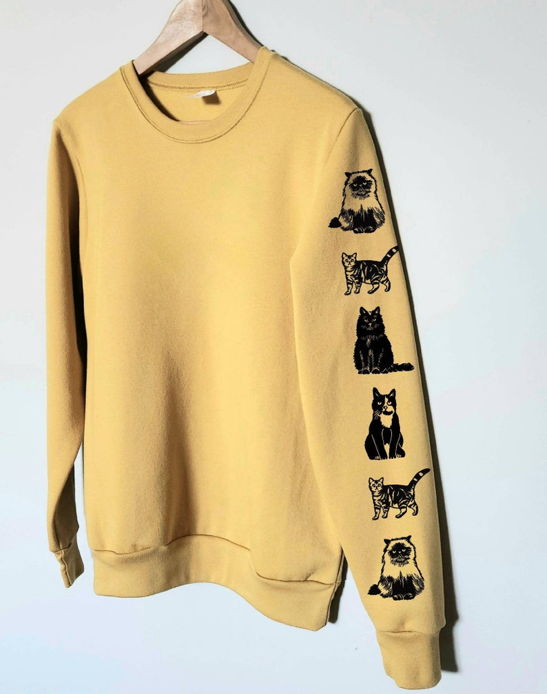 Cat sleeve print sweatshirt, hand printed unisex crewneck, cat print design, cat lover gift, block print soft cute jumper, ethical fashion image 2