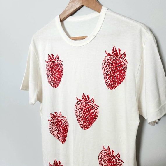 Hand-stamped Strawberry T-shirt: Unisex Bamboo Organic