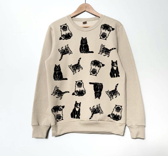 Cat Print Sweatshirt Hand Printed Unisex Crewneck All Over Cat Print Design Cat Lover Gift Block Print Soft Cute Jumper Ethical Fashion Etsy Ireland