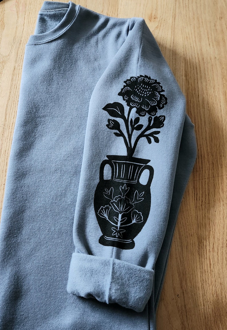 Flower vase sleeve print sweatshirt, hand printed unisex crewneck, floral print design, block print soft cute jumper, ethical fashion image 2
