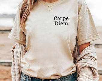 Ready to ship Carpe Diem T-Shirt: Hand-Printed Unisex Calligraphy Tee - Ethical Fashion