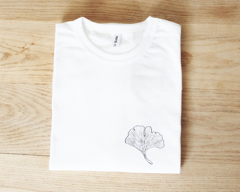 Ginkgo t-shirt, botanical plant tee, UNISEX hand painted pocket shirt, minimalist ginkgo biloba leaf illustration, botanic floral fashion image 6