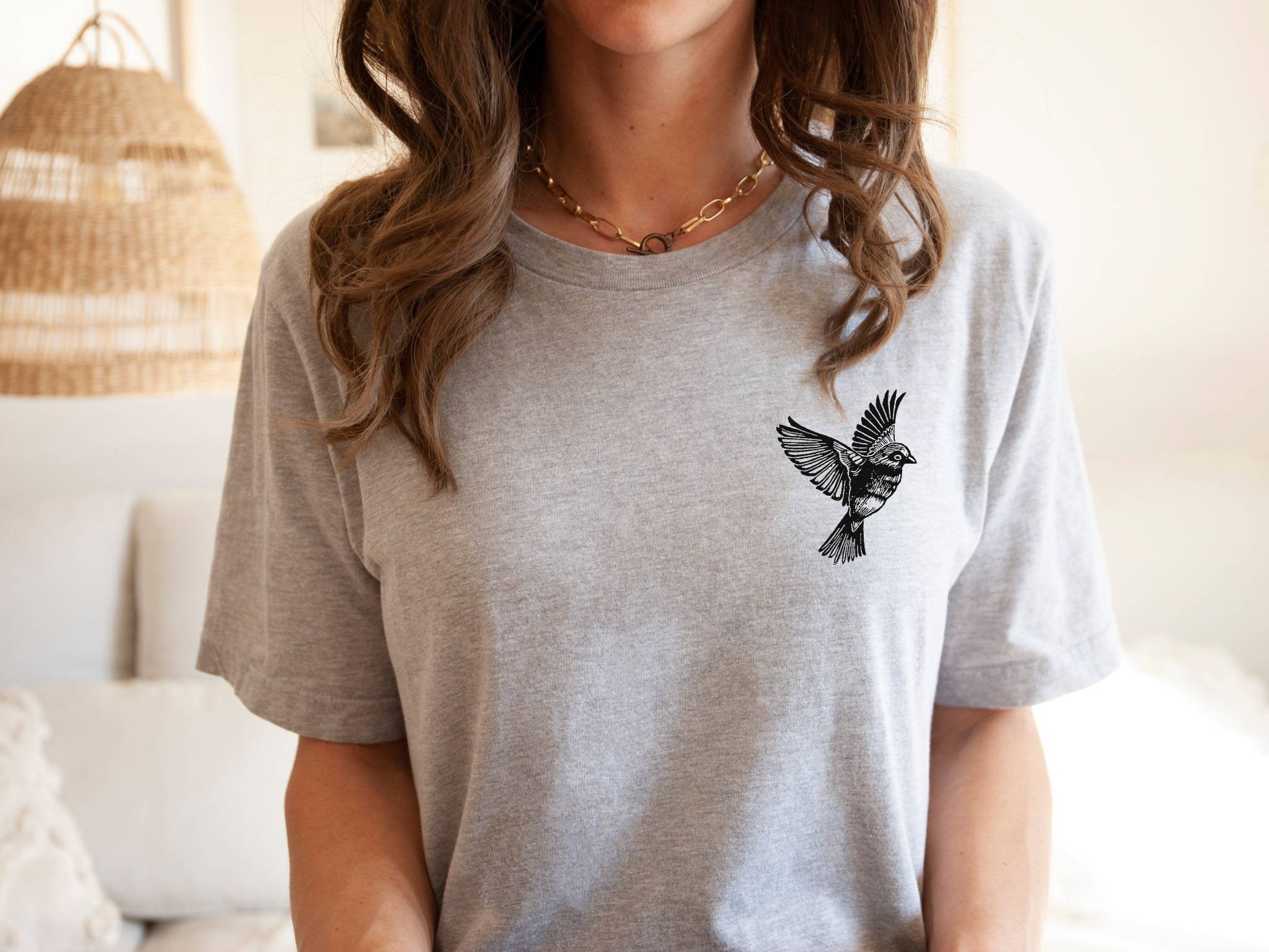 ★AWESOMEUS★ A SPARROW WITH HAT ON CROPPED SLEEVE T-SHIRT 5 Bird T-shirt, UNISEX Hand Printed Sparrow Tshirt, Minimalist