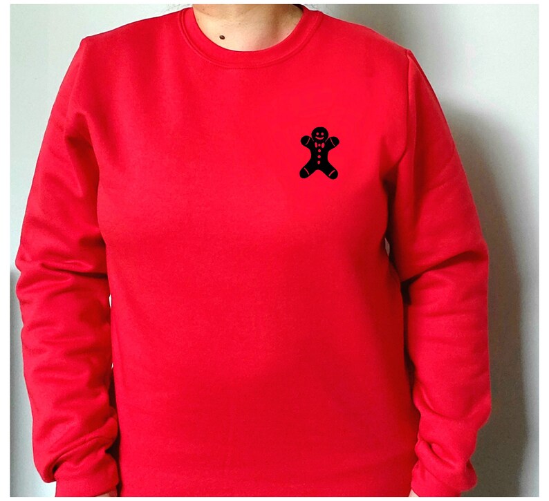 Christmas sweatshirt, holiday sweater, hand printed gnome design, winter theme crewneck sweater, christmas jumper, ethical fashion Red + cookie black