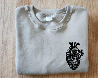 Hand Printed Anatomical Heart Sweatshirt: Unisex Crewneck Jumper